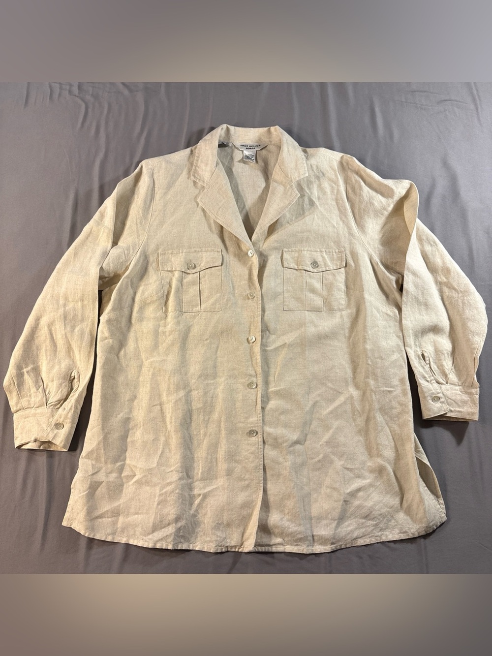 Richard Malcolm 100% Irish Linen Open Neck Beige MOP Button Front Top SZ: 1X